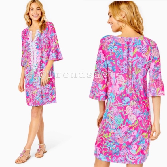 Lilly Pulitzer Dresses & Skirts - LILLY PULITZER Embroidered Neckline Tunic Dress Isle Shell Me Pink Size M NWT